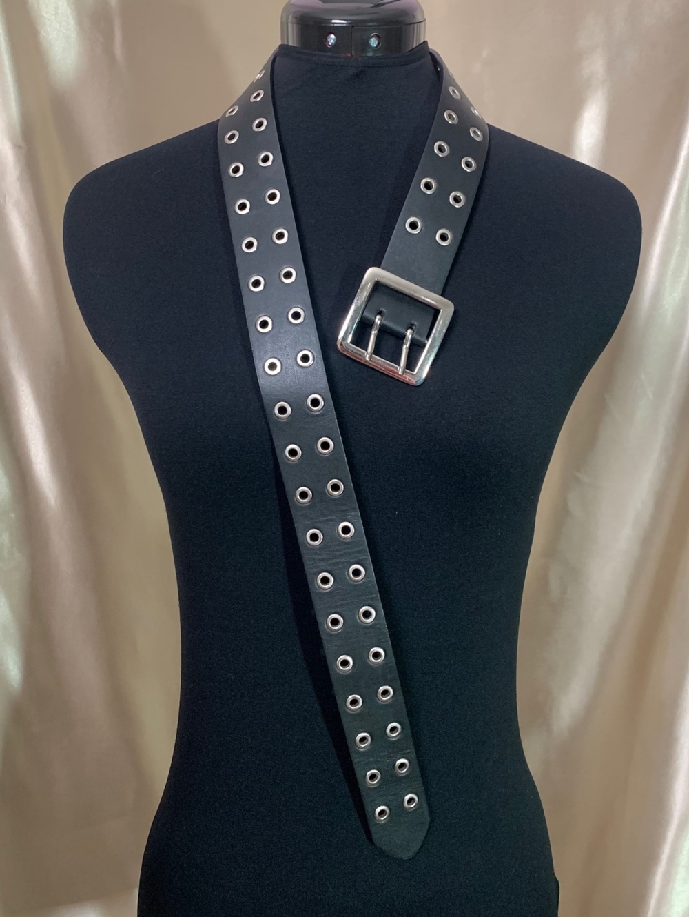 Y2K Black Leather Double Grommet Belt Silver Square Dual Prong Buckle